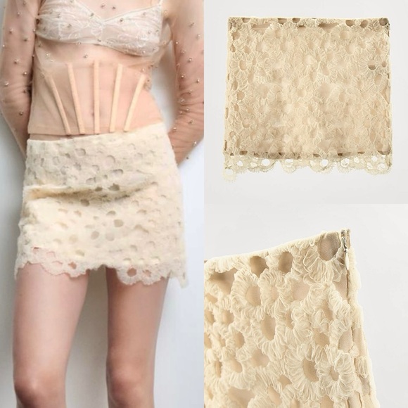 Zara NWT ivory off white cream tulle crochet textured mini skirt - Picture 1 of 9